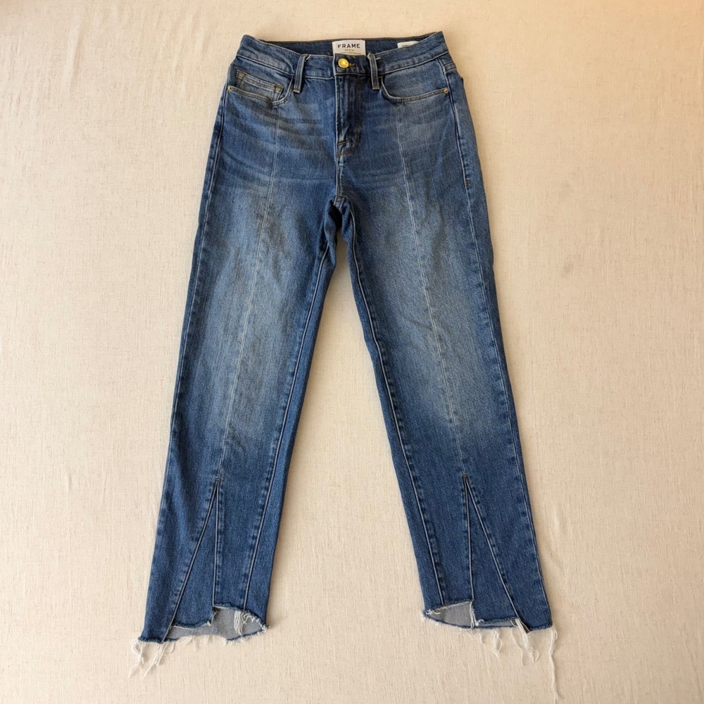 Frame Le Nouveau Straight Jeans Womens 25 Blue Split Raw Hem Front Seam Genesis